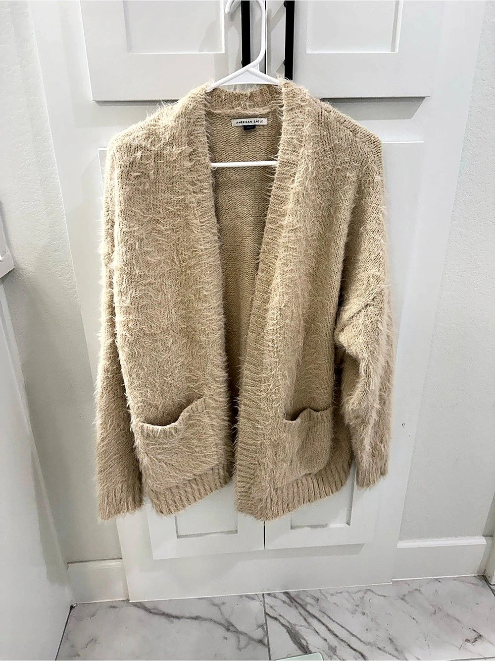 American Eagle Fuzzy Open Front Cardigan in Beige Like New